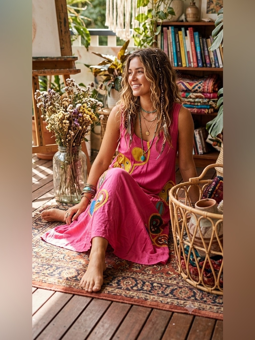Junglee Billee Free Size Pink Embroidered Boho Dress Artsy Resort Applique Maxi - Picture 1 of 9